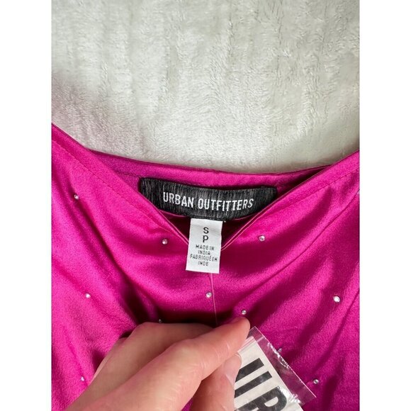 Urban Outfitters Milina Fuchsia Satin Fringe Beaded Crop Top Rhinestone Straps - Picture 7 of 14